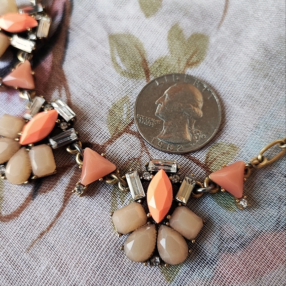 J Crew Signed Oxidized Brass Clear Baguette Peach Nude Jewels Statement Necklace - Picture 5 of 8